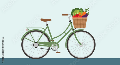 Green Bicycle with Basket of Fresh Vegetables Healthy and Sustainable Lifestyle