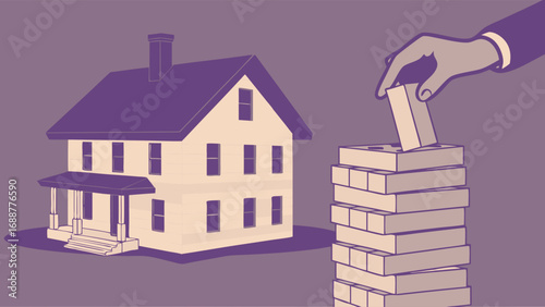 Illustration of a house and a hand placing a block on a Jenga tower symbolizing risk and stability in real estate.