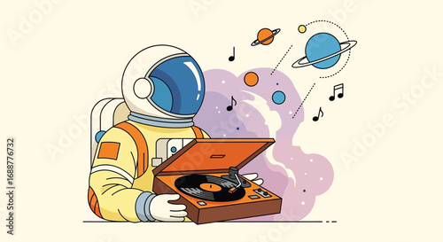 Interstellar Melodies A whimsical illustration of an astronaut enjoying vintage music on a turntable in outer space