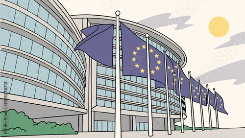Illustration of a modern building with flags waving in the wind on a sunny day.