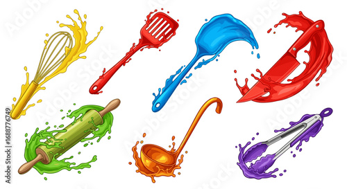 Illustration of colorful kitchen utensils with paint splash effect art