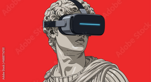 Ancient marble bust wearing a modern virtual reality headset, conceptually blending classical art with future technology and immersive digital experiences