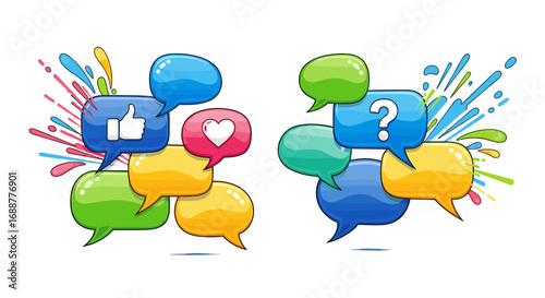 Colorful cartoon speech bubbles with social media icons and question mark