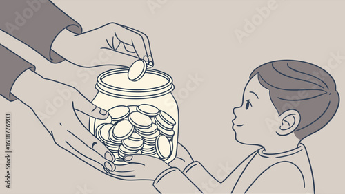 Illustration of an adult helping a child save money in a jar.