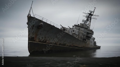 Old abandoned and rusty military warship run aground on a rocky beach on a cloudy day