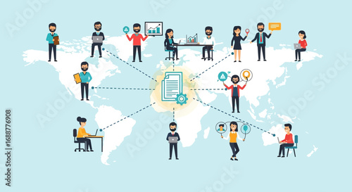Online collaboration and global partnership concept with diverse people connected through a digital network on a world map