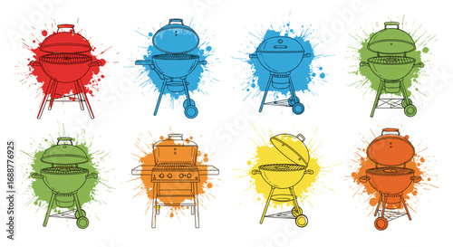 Various colorful grill illustrations with watercolor splash backgrounds