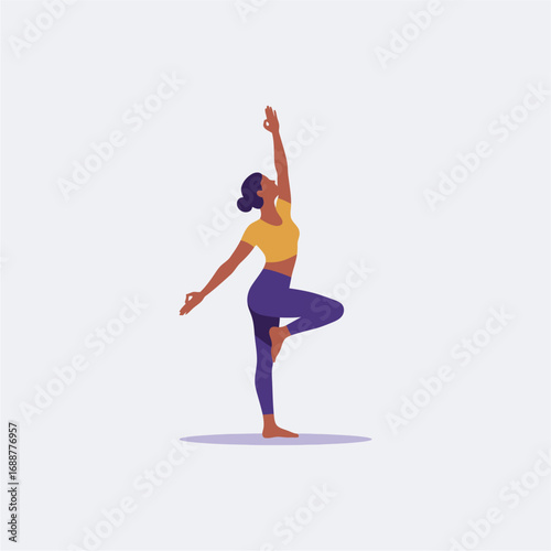 A woman in a yellow top and purple leggings performs the tree pose, a yoga asana, with one leg balanced and arms extended.