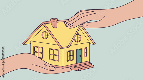 Illustration of hands gently holding a small house model symbolizing real estate homeownership or property transfer.