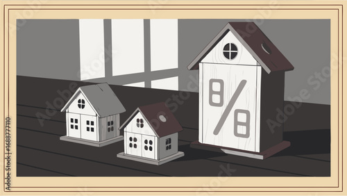 Illustration of miniature houses and percentage symbol representing real estate mortgage or homeownership concepts.
