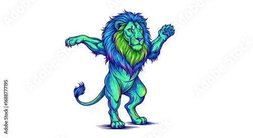 A standing lion with a colorful mane and fur in an illustration style