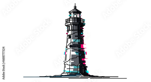 A glitchy lighthouse stands tall against a stark white background view
