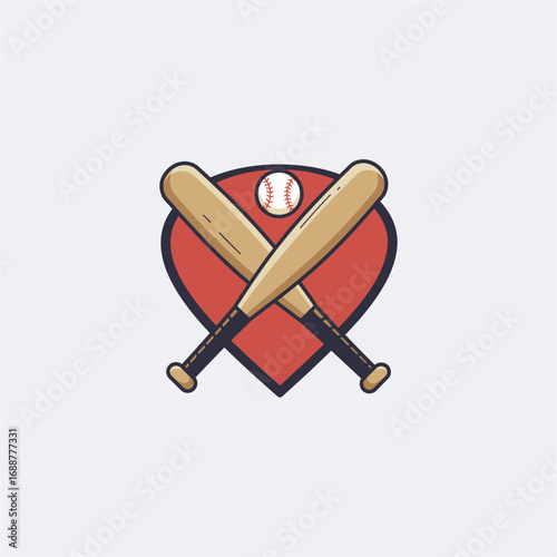 Two crossed baseball bats with a baseball centered above a heart-shaped background, presented in a clean, vector style.