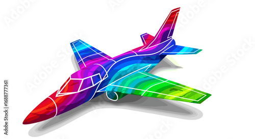 Illustration of a vibrant rainbow colored airplane with white outlines