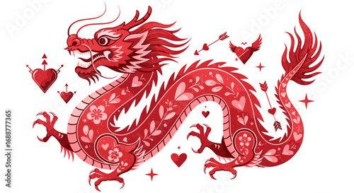 Illustration of a red dragon adorned with hearts and floral patterns art