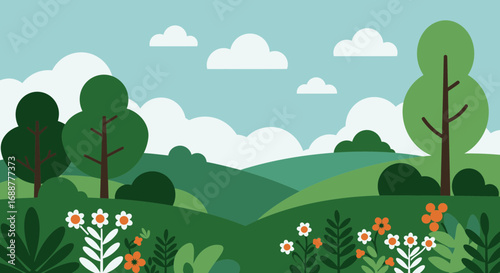 Cartoon illustration of a serene countryside landscape with rolling hills, fluffy clouds, and vibrant flora, concept for children's book illustration, nature-themed website design and seasonal