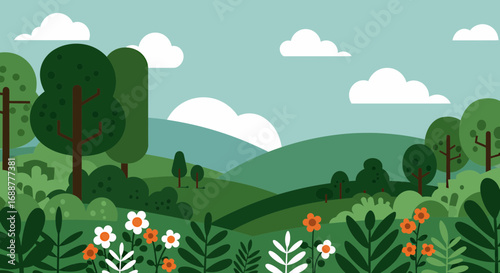 Stylized landscape illustration with rolling green hills, trees, flowers, and a cloudy sky, concept for children's book illustration, website background, and nature-themed graphic design projects