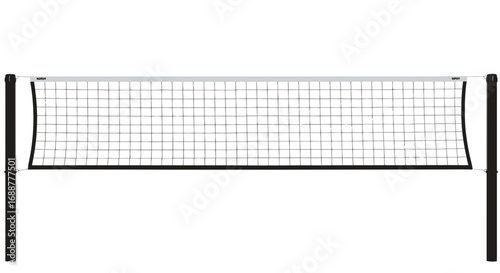 A volleyball net is stretched between two black poles, showcasing its grid-like structure, concept for recreational activity, sporting equipment and outdoor game visuals