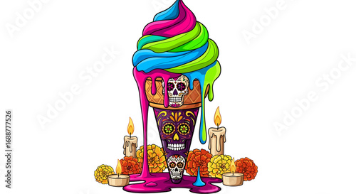 A colorful ice cream cone decorated with skulls and surrounded by candles