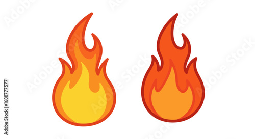 Two stylized flame illustrations in yellow and orange hues with thick outlines, concept for hazard symbol, warning sign and heat element
