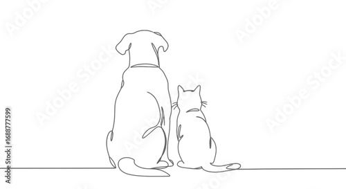 Single line drawing of a dog and cat sitting together on white background. Concept for pet care, veterinary logo and animal friendship.