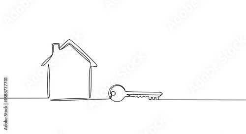Minimalist continuous line drawing of a house with a key beside it on white background, concept for real estate, mortgage and home ownership
