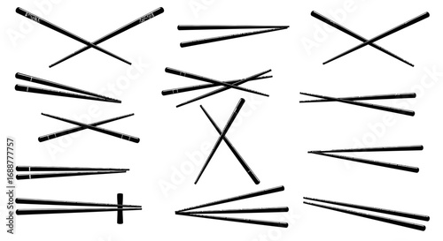 Collection of black chopsticks isolated on a white background, concept for Asian cuisine presentation, restaurant menu design and food packaging