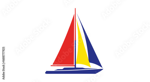 Illustration of a sailboat with red yellow and blue sails on white background