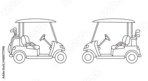 Two golf carts outline, featuring a golf bag with clubs, driver's seat, and canopy for shade, concept for recreation planning, sporting event invitation and leisure activities illustration