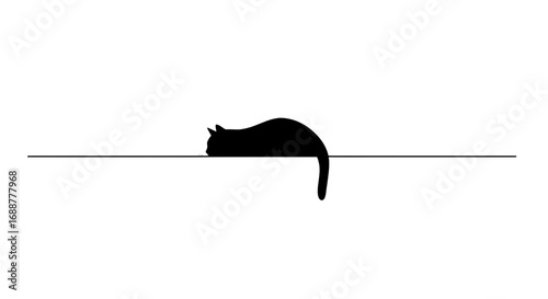 Black silhouette of a cat sleeping on a straight line in a minimalist style, concept for pet shop logo, veterinary clinic branding, and cartoon illustration