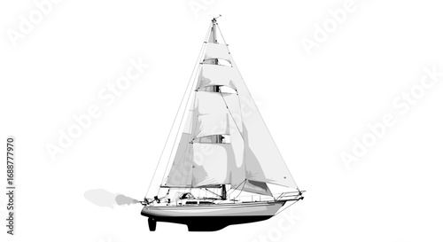 A monochromatic illustration of a sailboat with multiple white sails up