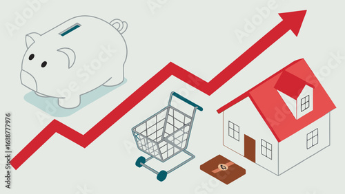 Isometric illustration of increasing savings home purchase and shopping cart showing financial growth and homeownership.