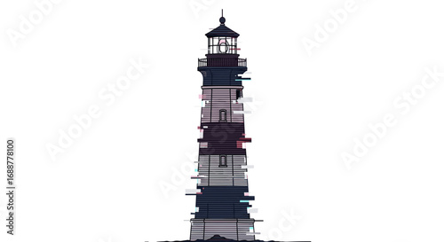 A tall lighthouse with a black and white striped pattern on a white sky