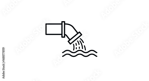 Outline illustration depicting a pipe releasing liquid into water with waves, concept for wastewater management, industrial discharge and environmental concerns
