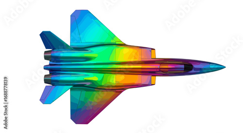 Overhead view of a rainbow colored fighter jet on a white background