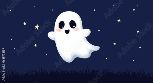Cartoon ghost flying on a starry night with grass silhouette, concept for halloween decoration, children's illustration and seasonal event promotion