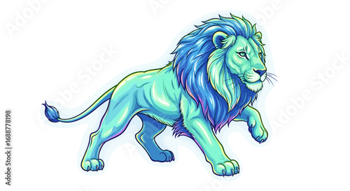 A blue and turquoise lion with a full mane walking on a white background