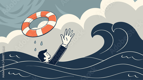 Man reaching for life preserver in stormy sea drowning help rescue survival danger ocean waves water storm crisis emergency business finance metaphor concept art illustration graphic design vector.
