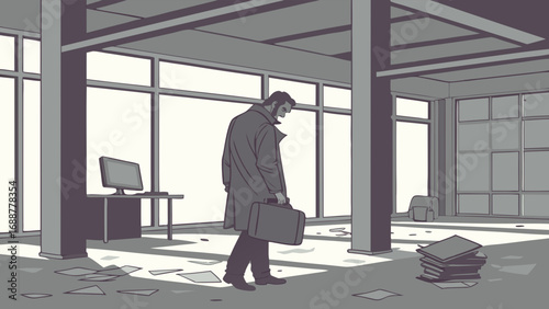 Man walking away from messy office leaving briefcase papers scattered on floor illustration graphic design.