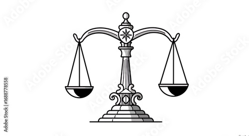 Elegant line art of balance scales in black and white on clean background, concept for legal justice, financial equilibrium and ethical considerations