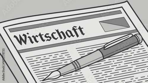 Newspaper article with pen business news finance journal writing pen and paper monochrome illustration graphic design black and white close-up top view flat lay office supplies stationery text docume.