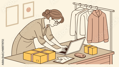 Online Business Owner Processing Orders at Home Small Business Ecommerce Illustration.