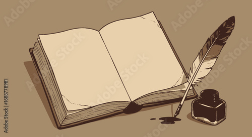 Open book illustration with feather quill and inkwell on a brown background in vintage style, concept for historical writing, author inspiration and classic storytelling