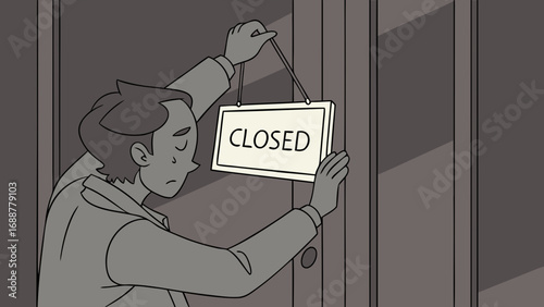 Person Hanging Closed Sign on Door Business Closure End of Day Illustration.