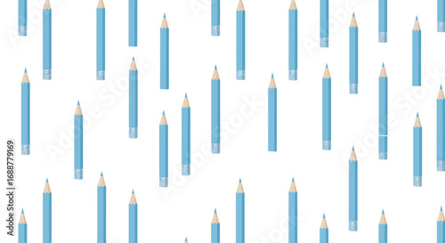 Seamless pattern of multiple light blue graphite pencils scattered on a white background, concept for education print, stationery design and creative art project