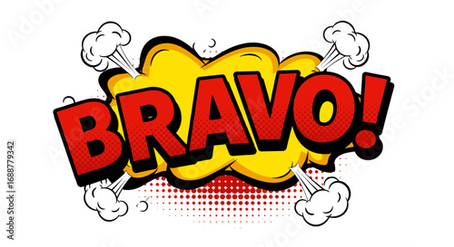 Illustration of a red Bravo text explosion with comic style effect on white background. Concept for celebration burst, promotional sale announcement and achievement recognition
