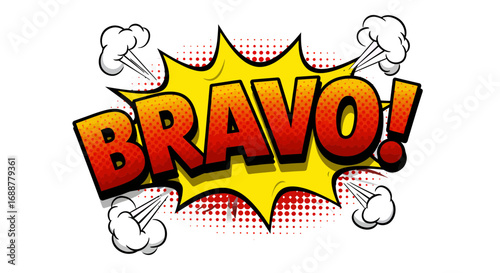Comic style bravo text with a burst and halftone background along with smoke clouds, concept for celebration, achievement, and positive encouragement
