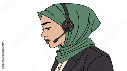 Profile illustration of a woman wearing a hijab and headset.