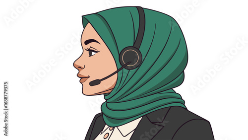 Profile illustration of a woman wearing a hijab and headset customer service support call center communication.