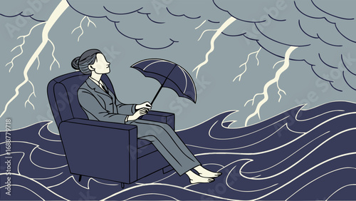 Resilience Woman in Chair Facing Storm Anxiety Business Illustration Vector Art.